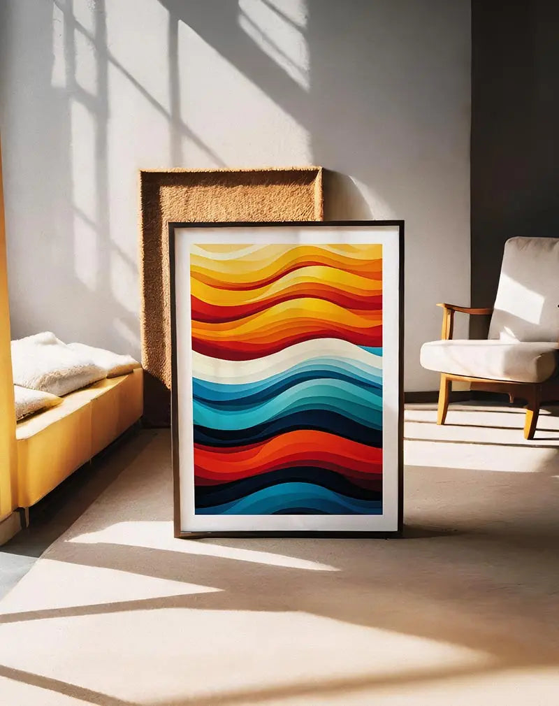 A vibrant abstract illustration featuring undulating waves of warm yellows, oranges, and cool blues.