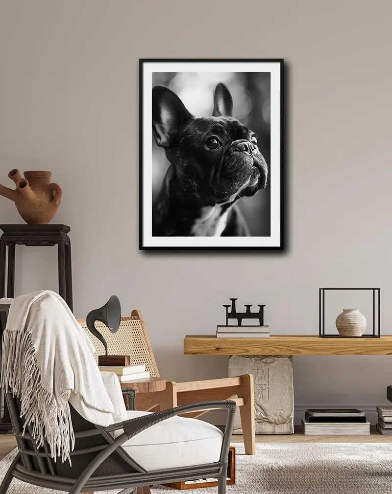 A striking black-and-white photograph of a French Bulldog. The close-up captures the dog's expressive eyes and distinctive wrinkled face, making this image a perfect addition to any wall art or poster collection, especially for dog lovers