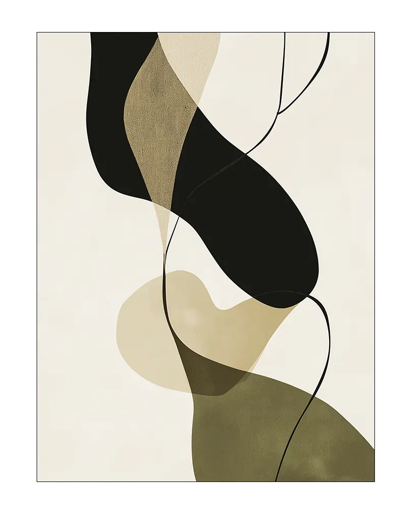 A modern abstract illustration featuring flowing organic shapes in earthy tones of beige, black, and green, with fine line details.
