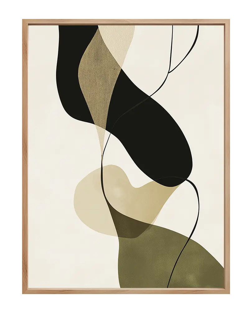 A modern abstract illustration featuring flowing organic shapes in earthy tones of beige, black, and green, with fine line details.