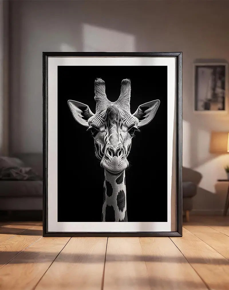 A stunning black and white portrait of a giraffe, capturing its unique facial features and elegant patterns.