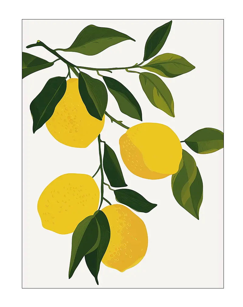 A vibrant illustration of a lemon branch with yellow lemons and lush green leaves. This botanical wall art brings a fresh and lively touch, perfect for brightening up any kitchen or living space