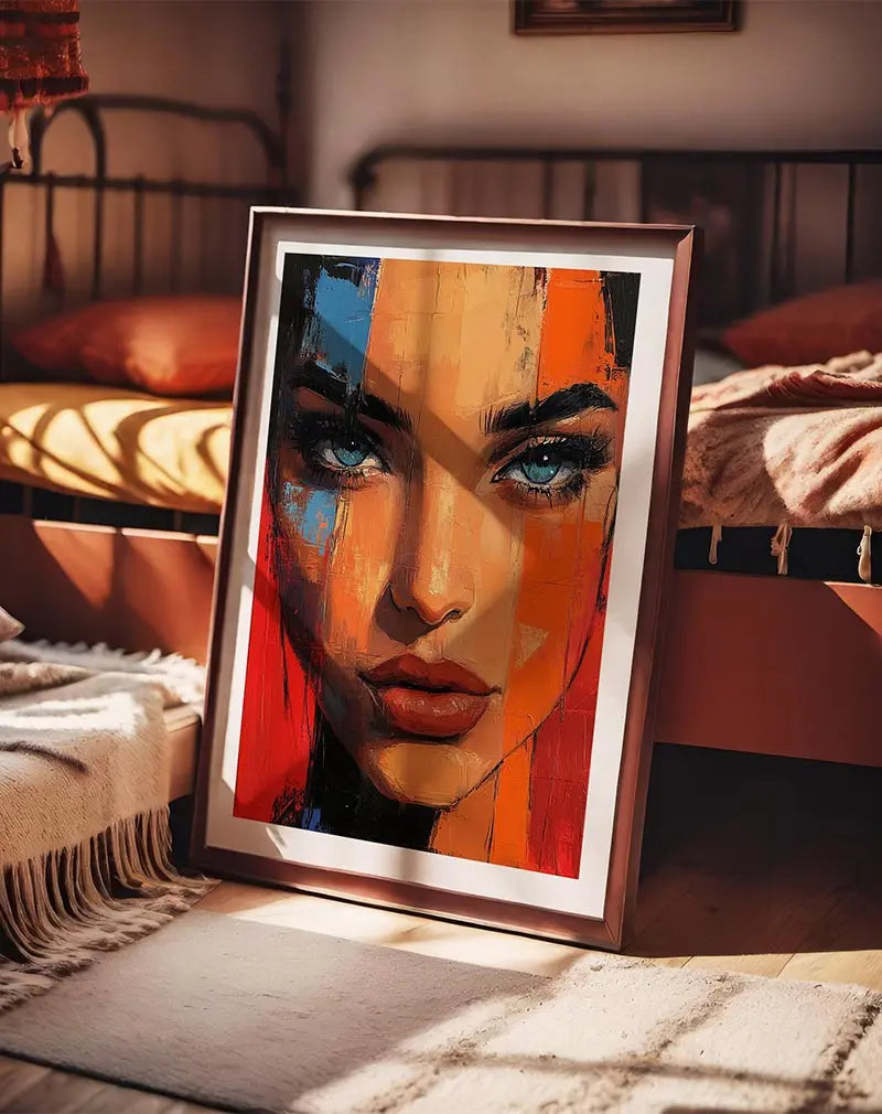 A vivid abstract portrait showcasing a woman's intense gaze with blue eyes, accented by bold red, orange, and blue brushstrokes.