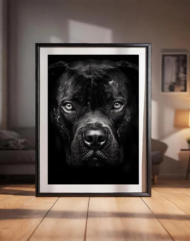 A striking black and white portrait of a dog's face with an intense gaze, highlighting the intricate details of the fur and expression.