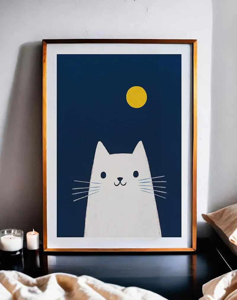 Minimalistic illustration of a white cat under a yellow moon against a deep blue background. Perfect wall art for a modern and playful touch.