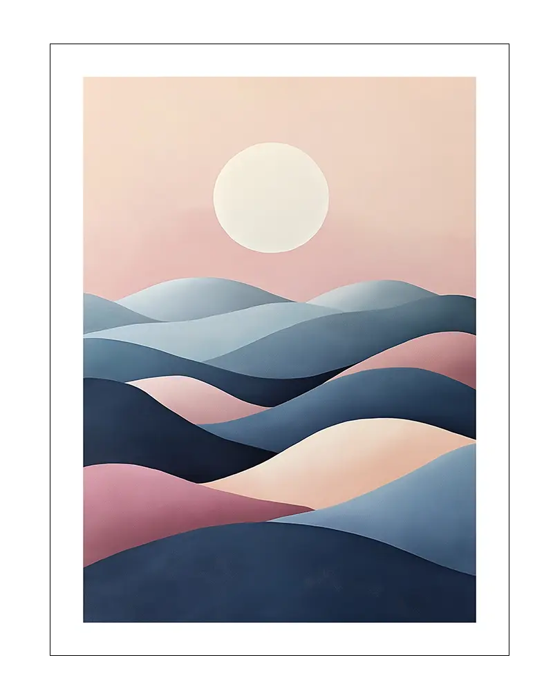 A minimalist illustration of a sunset over rolling hills in pastel shades of pink, blue, and beige.