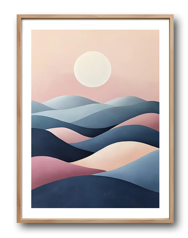 A minimalist illustration of a sunset over rolling hills in pastel shades of pink, blue, and beige.