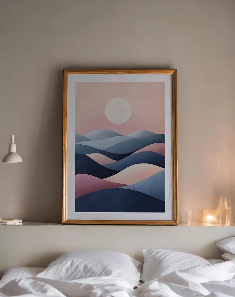 A minimalist illustration of a sunset over rolling hills in pastel shades of pink, blue, and beige.