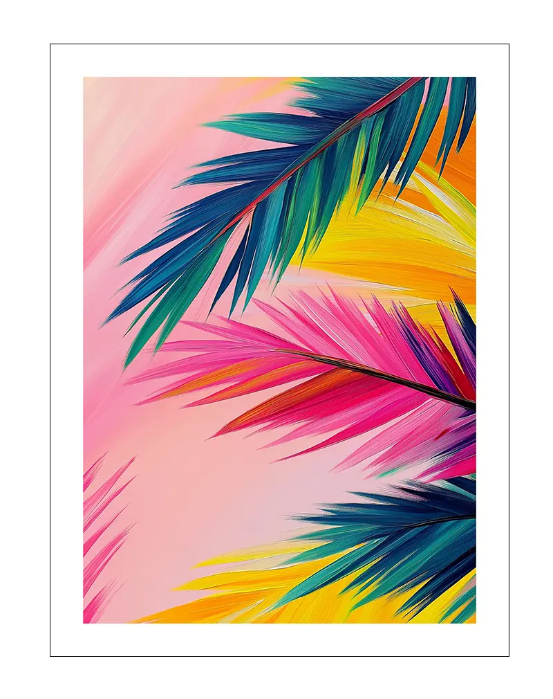 A tropical-inspired illustration featuring bold, colorful palm leaves in shades of pink, green, and yellow against a soft gradient background. The vibrant hues bring a sense of warmth and tropical vibes to the composition, making it a striking wall art. Perfect poster for brightening up living spaces with a burst of color.
