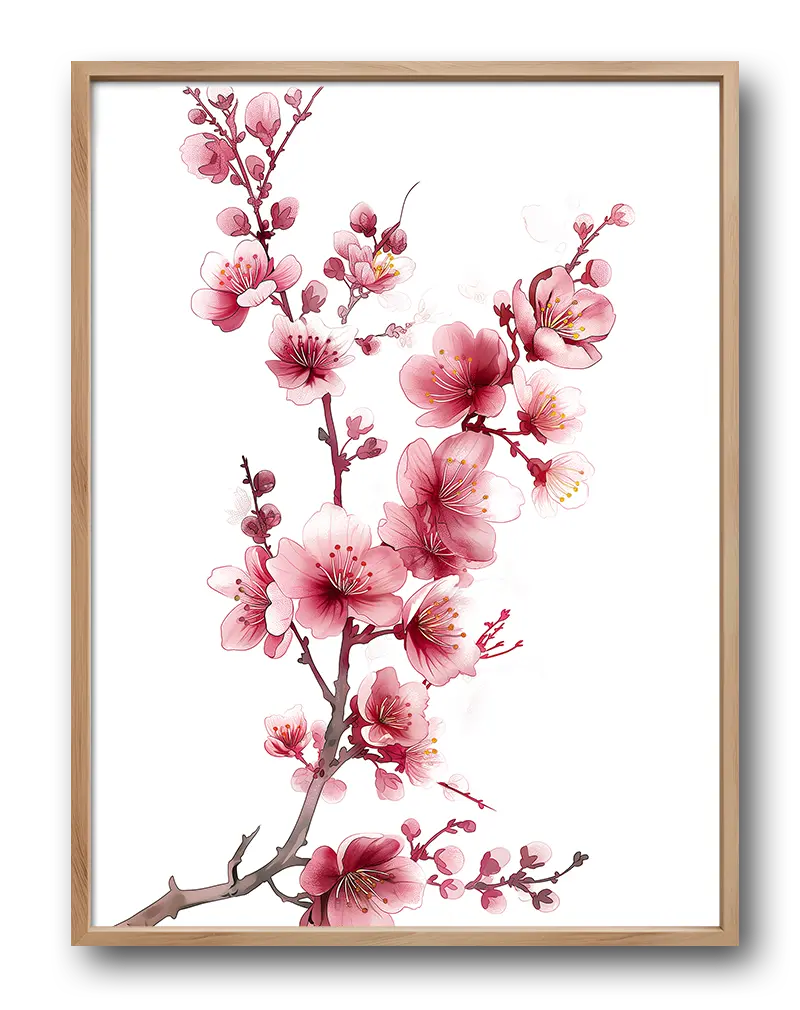 A delicate illustration of a cherry blossom branch with soft pink flowers in full bloom, set against a white background. Perfect wall art or poster to bring a touch of nature and elegance into any space