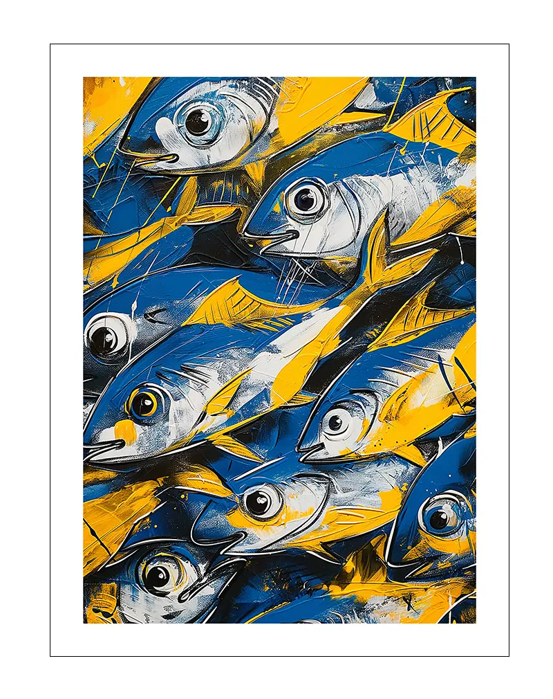 A dynamic and colorful illustration of a school of fish in bold blue and yellow hues, creating a lively and energetic composition.