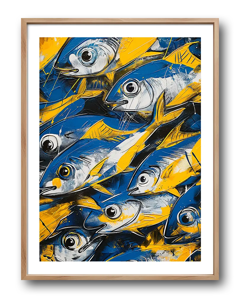 A dynamic and colorful illustration of a school of fish in bold blue and yellow hues, creating a lively and energetic composition.