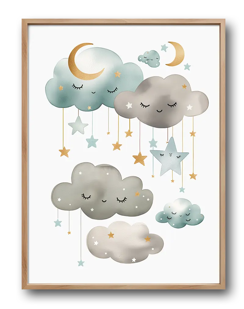 A charming illustration of smiling clouds, stars, and crescent moons in soft pastel tones. Perfect wall art for a child's room or nursery to create a dreamy, peaceful atmosphere