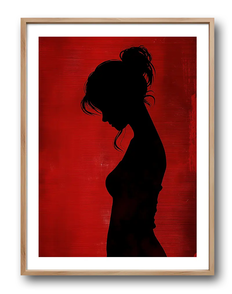 A striking silhouette of a woman in profile set against a bold red textured background.