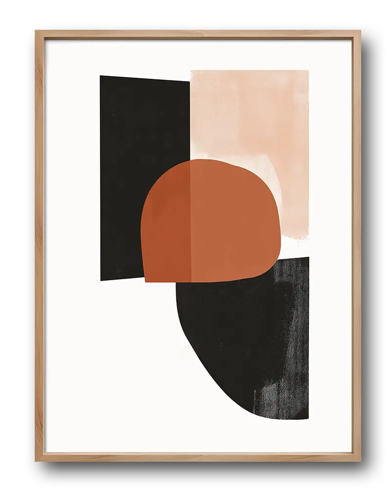 A geometric abstract illustration with bold shapes in earthy tones of terracotta, black, and beige.